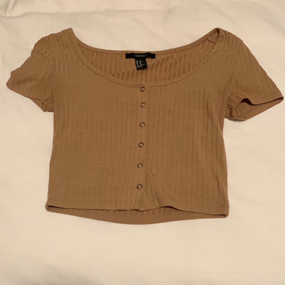 tan, extra small, forever 21, cropped, snap button T-shirt